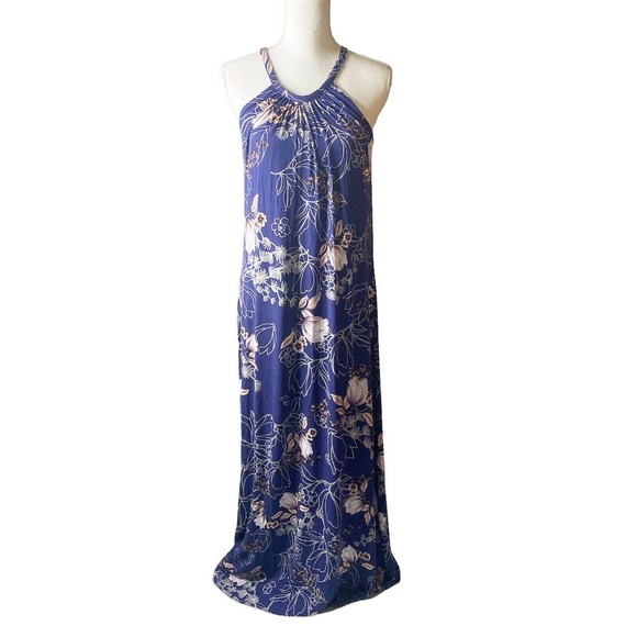 Blanc Dresses & Skirts - ANTIBES BLANC Sz M Womens Blue Maxi Dress Halter Boho Blue Pink Floral
